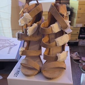 Shoe Dazzle Tan Faux Suede Strappy Heels